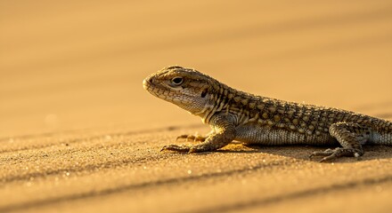 Naklejka premium A close-up of a sand lizard basking in the sun on a golden sand dune.