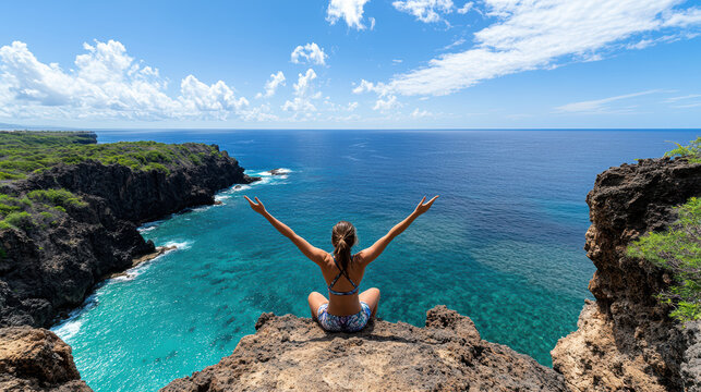serene cliffside view with person enjoying ocean breeze