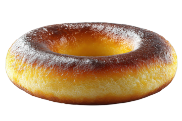 A golden-brown donut with a smooth, glossy surface and a classic ring shape.