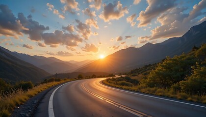 Fototapeta premium Scenic winding mountain road at sunset, picturesque landscape with stunning golden hour light, perfect for travel and adventure themes