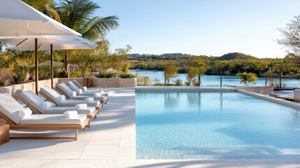Fototapeta premium scenic view of pool with beach chairs and umbrella, perfect for relaxation