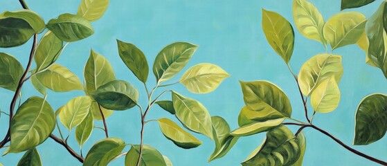 Leaves, vibrant green foliage, and natural beauty against a calming turquoise background, creating a sense of tranquility and peacefulness in nature.