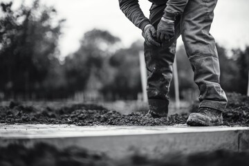 A construction worker carefully places a clump of mud onto a foundation, showcasing meticulous detail in groundwork.