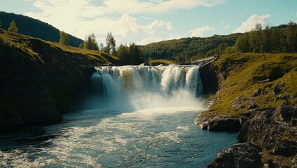 Majestic waterfall cascading down rocky cliffs into a river, surrounded by lush green hills under a partly cloudy sky.