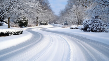 Obraz premium snow covered road winds through serene winter landscape, evoking tranquility