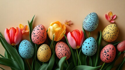 Celebrate Easter with this delightful top view image showcasing a charming bouquet adorned with colorful eggs and fresh tulips. The pastel beige background creates a serene setting for your message
