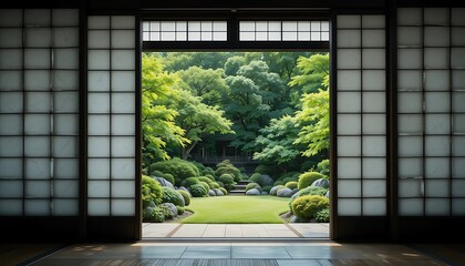 Serene Japanese Garden View Through Traditional Shoji Screen Doors