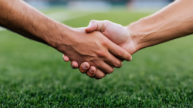 Handshake between players on soccer field after match, showing sportsmanship