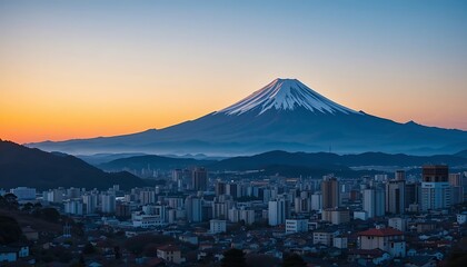 Stunning Sunrise View of Mount Fuji with Cityscape in the Foreground