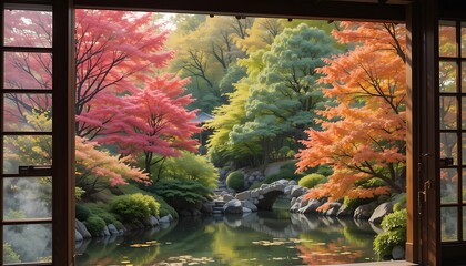Serene autumnal Japanese garden viewed through a traditional wooden door, showcasing vibrant maple trees, a tranquil pond, and a stone bridge.