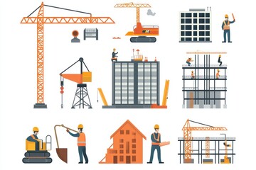 Set construction icons including cranes, buildings, and workers