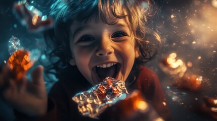 Naklejka premium Joyful toddler playfully surrounded by candy wrappers and sparkling lights.