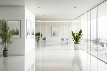 A modern office space with clean, white walls and plenty of natural light