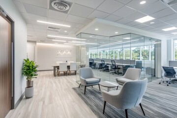 A modern office space with clean, white walls and plenty of natural light
