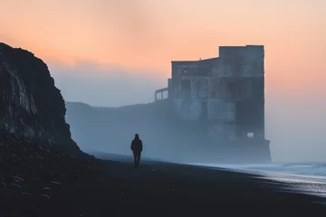 A solitary figure walks a misty black sand beach towards a derelict building at sunset.