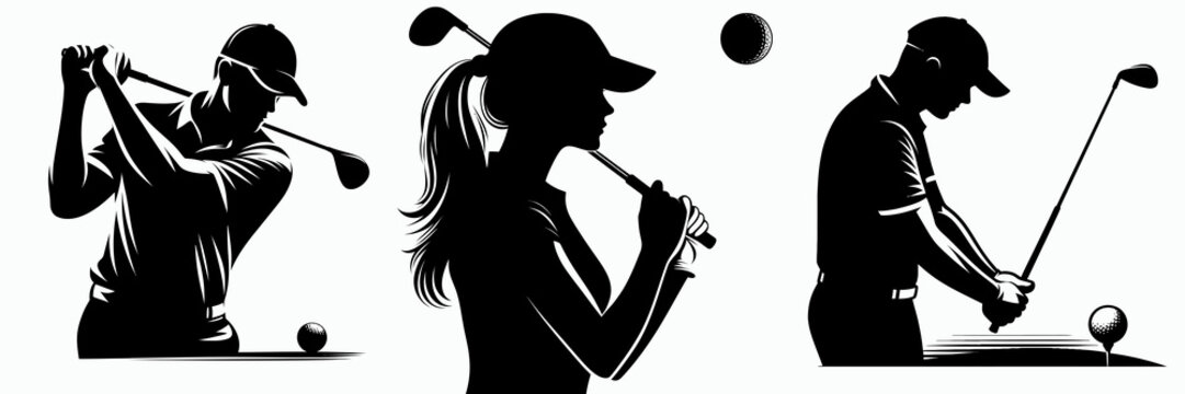 Silhouettes of golfers in action, showcasing their swings and stance, highlighting the sport's dynamic movements and techniques.