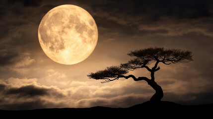 Fototapeta premium twisted tree with gnarled branches silhouetted against full moon