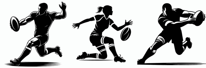 Fototapeta premium Three dynamic silhouettes of rugby players in action, showcasing diverse poses and movements, emphasizing athleticism and teamwork.