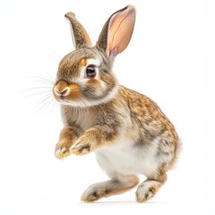 Fototapeta premium Bunny Bounce: A fluffy brown and white rabbit with big, curious eyes hops on its hind legs against a seamless backdrop, capturing the playful energy and charm of this endearing creature.