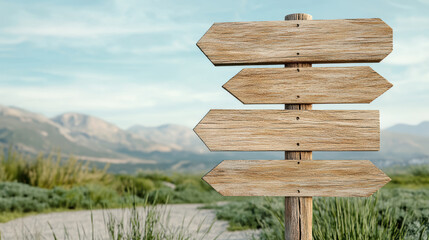 Naklejka premium Weathered signpost with arrows pointing in different directions, set against scenic landscape