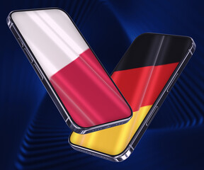 Two smartphones with waving flags of Poland and Germany on the abstract blue background. The concept of communication and digital networking. 3d rendered image.