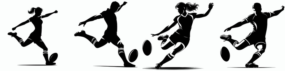 Obraz premium Silhouettes of athletes kicking a rugby ball, showcasing dynamic movements and the sport's energy.