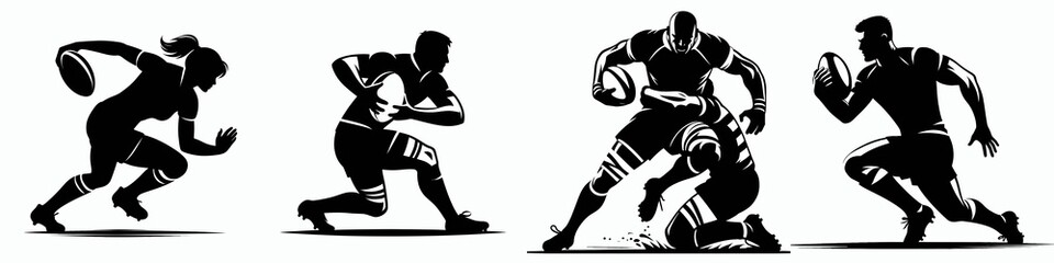 Fototapeta premium A dynamic silhouette illustration of rugby players in action, showcasing running, tackling, and teamwork in a sports setting.