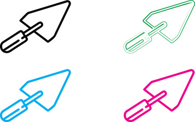 Minimalist line drawing, trowel and mortar, construction tools icon, simple geometric shapes, flat design, colorful variations, black blue green pink outlines, abstract masonry symbol, vector graphic 