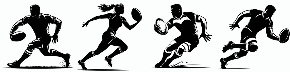 A dynamic illustration of athletes in motion, showcasing rugby players engaged in various stages of play.