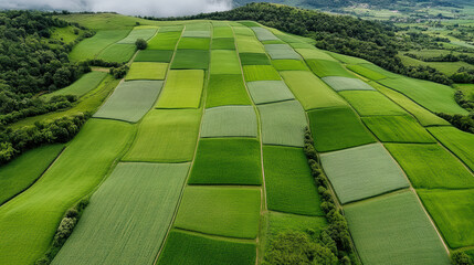 Lush green patchwork fields create stunning aerial view of farmland