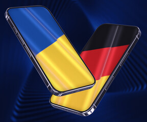 Two smartphones with waving flags of Ukraine and Germany on the abstract blue background. The concept of communication and digital networking. 3d rendered image.