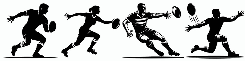Fototapeta premium Four silhouettes of athletes in motion, showcasing dynamic rugby actions including running and passing.