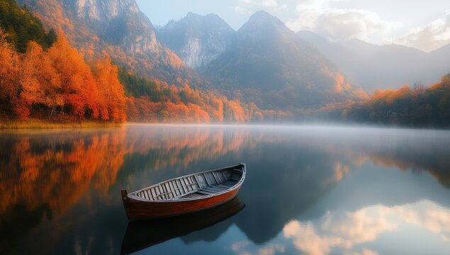 Serene autumn lake scene with a wooden rowboat reflecting vibrant fall foliage and misty mountains. - Powered by Adobe