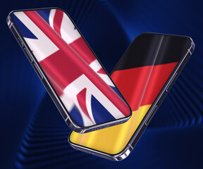 Two smartphones with waving flags of United Kingdom and Germany on the abstract blue background. The concept of communication and digital networking. 3d rendered image.