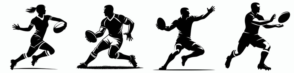 Silhouettes of athletes in dynamic rugby poses, showcasing movement and athleticism, representing the sport's energy and action.