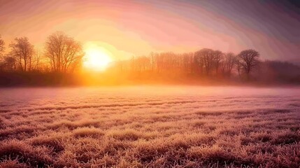 Majestic sunrise paints the sky with vibrant hues over a tranquil winter landscape