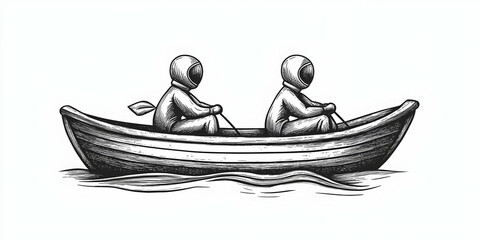 Two People in Protective Suits Rowing a Boat Across Calm Water