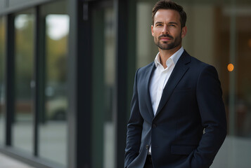 A sharp and natural depiction of a man exuding confidence in an urban outdoor setting