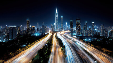 Obraz premium Aerial view of sprawling metropolis illuminated night, showcasing vibrant city lights and