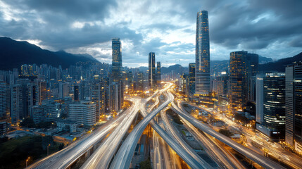 Fototapeta premium Aerial view of vibrant cityscape at night with illuminated buildings and roads