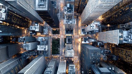 Fototapeta premium Aerial view of vibrant cityscape with skyscrapers and streets illuminated at night
