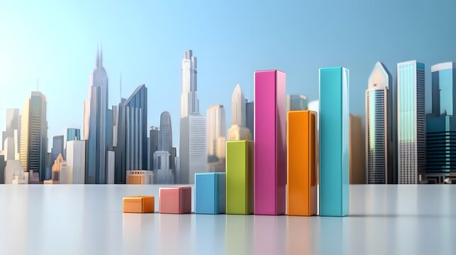 Vibrant clay bar graph illustrating population growth in urban landscape infographic style modern environment aerial view data visualization
