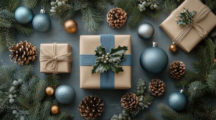 Celebrate the joy of the season. artfully arranged gift boxes, fashionable tree ornaments, glimmering baubles, and holiday decor on a neutral surface ready for your heartfelt message or advert.