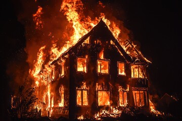 House engulfed in flames during a night fire