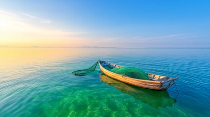 Naklejka premium Serene Sunrise Fishing Boat at Calm Sea