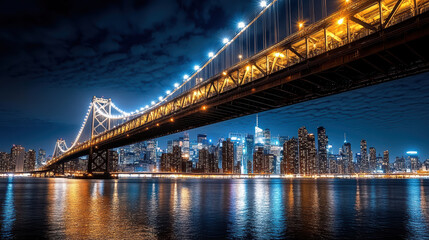 Illuminated bridge at night with city skyline reflecting on water