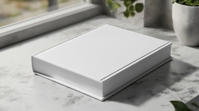 White book mock-up with a clean hardcover design on a marble surface near a window with natural lighting.