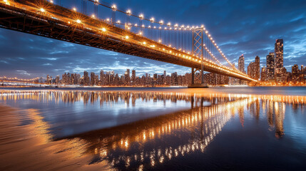 Fototapeta premium Illuminated bridge at night reflecting in water with city skyline