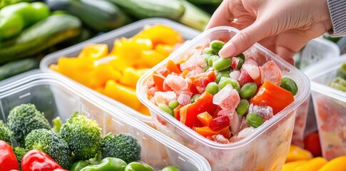 A mother joyfully preparing meals with frozen ingredients for her family?s healthy dinner.