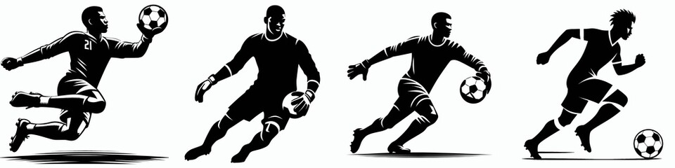 Naklejka premium Four stylized silhouettes of soccer players in motion, showcasing dynamic actions with a soccer ball.
